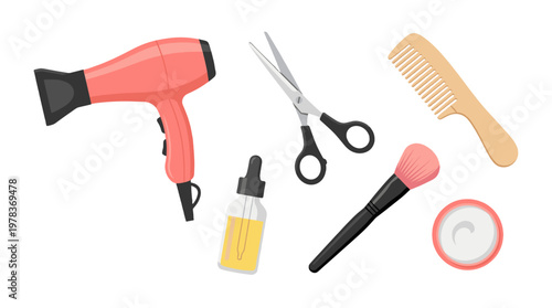 Various hair and beauty tools arranged on a flat surface for personal care activities