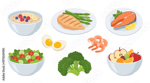Healthy meal options for a balanced diet including fish, vegetables, fruits, and grains at mealtime