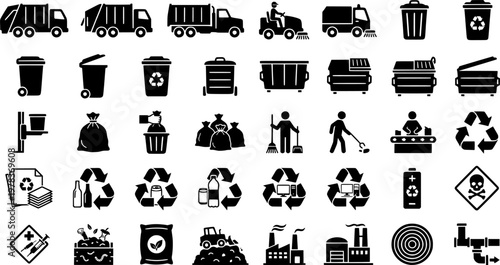 Garbage Truck. Line icon set of Garbage Truck: garbage truck, trash bin, recycling bin, landfill, waste bag, dumpster, hydraulic lift, rear
