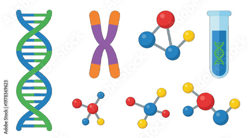 Learning about DNA and molecules in a science class with illustrations of genetic structures and laboratory equipment
