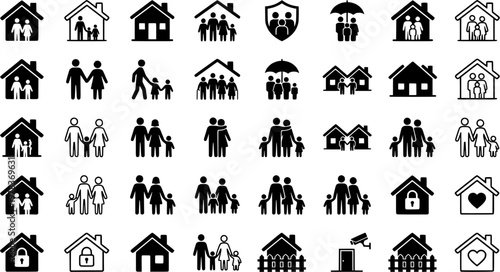 Set of family and community icon variations in black and white
