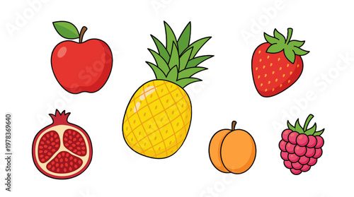 Various fruits are drawn in a cartoon style with bright colors, showing an apple, pineapple, strawberry, pomegranate, peach, and raspberry