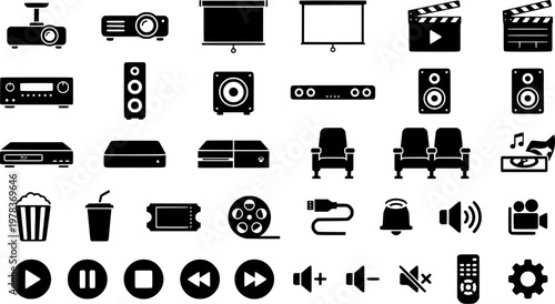 Home Theater. Solid icon set of Home Theater: projector, projection screen, AV receiver, floor speaker, center speaker, surround speaker, subwoofer box, movie