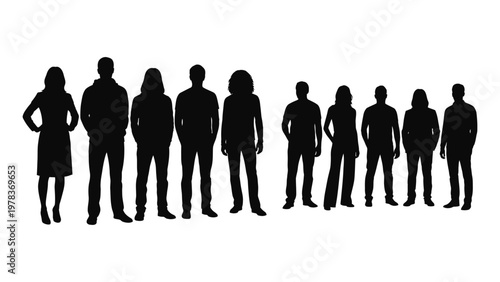 A diverse group of eleven black silhouettes of men and women standing in a line against a white background, representing various human forms and body types.