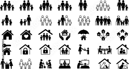 Set of family and community icon variations in black and white
