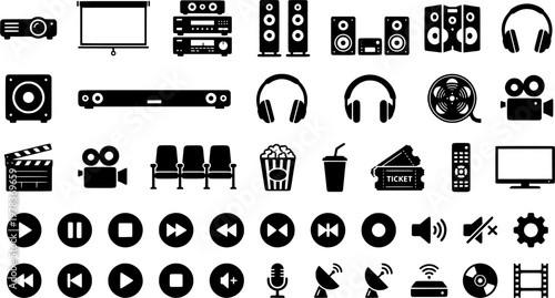 Home Theater. Solid icon set of Home Theater: projector, projection screen, AV receiver, floor speaker, center speaker, surround speaker, subwoofer box, movie