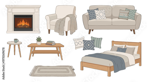 Cozy furniture layout with sofa, armchair, coffee table, and bed for a comfortable living space design