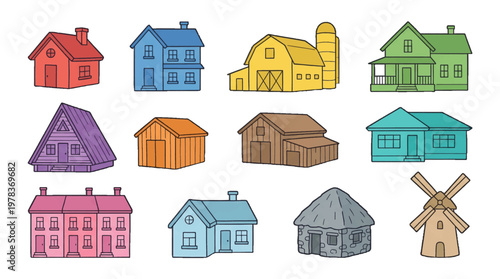 Various houses in different styles and colors arranged in a grid showing different types of homes in a simple design