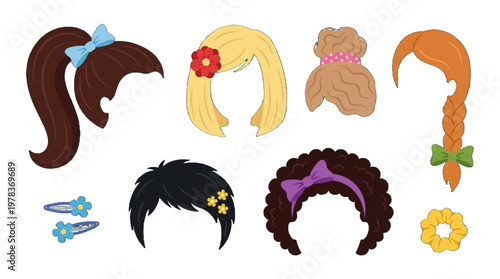 Different styles of hair showing ponytails, buns, braids, and curls on a white background in a fun and colorful design for creative projects