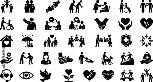 Providing support to elderly people. Icon set. Set Logo of Providing support to elderly people: caregiver assisting senior. harmonious logo variations of the