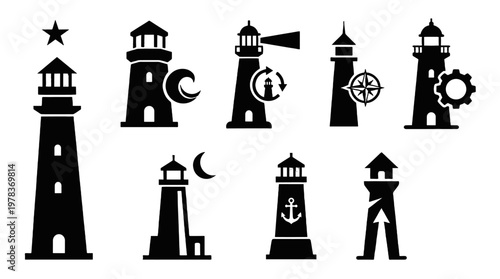 Different lighthouse designs and symbols for marine navigation and safety at sea observed in simple black silhouettes