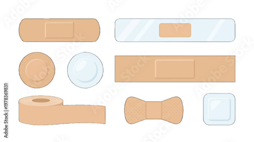 Variety of bandages and adhesive strips arranged on a white background for use in first aid and injury care