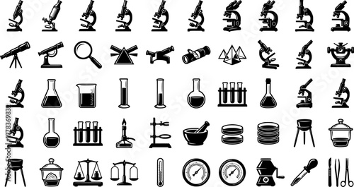 Educational icon microscope laboratory microscope educational icon shown as a single object from three different angles: front view, side
