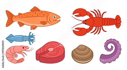 Different types of seafood including fish, shellfish, and other marine food items on a white background