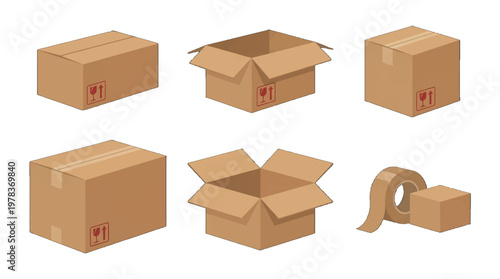 Different shapes and sizes of cardboard boxes with packing tape for moving or storage tasks