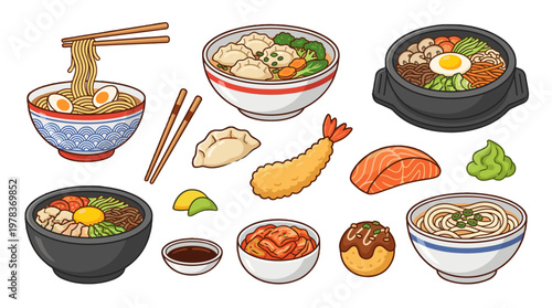 Different types of Japanese and Asian food arranged on a table with colorful bowls and ingredients present for a meal