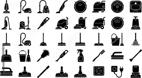 Vacuum Cleaner Types. Line icon set of Vacuum Cleaner Types: upright vacuum, canister vacuum, stick vacuum, handheld vacuum, robot vacuum, wet dry vacuum, 