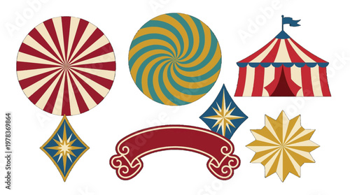 Colorful circus designs with patterns and a tent for fun events and activities