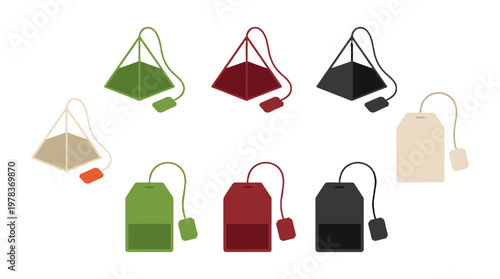 Different types of tea bags in various shapes and colors displayed on a simple background