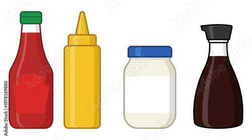 Different types of condiments on a white background for use in kitchens, restaurants, and barbecues during meals and gatherings