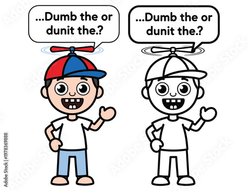 Cute cartoon boy with propeller hat and speech bubble illustration.