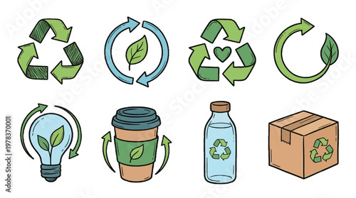 Different symbols of recycling and sustainability used for promoting eco-friendly habits and practices in daily life and communities