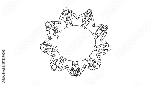 People sitting in a circle collaborating. Continuous line style. Hand drawn. Line art. Vector design. illustration