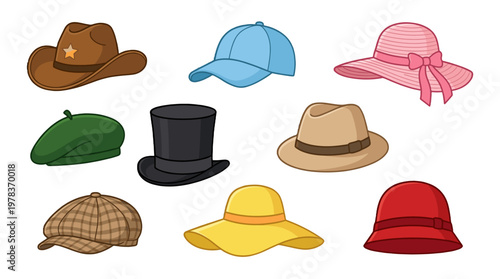 Different types of hats on a white background showing various styles and colors for summer and winter activities