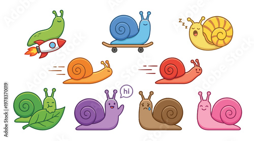Colorful cartoon snails in various activities like racing on a rocket, skating on a board, and resting on leaves