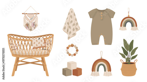Warm colors and simple designs make up a collection of baby items and decor for a cozy nursery