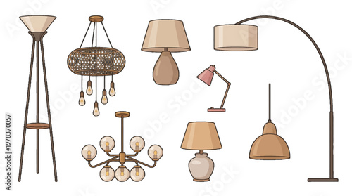 Different types of lamps and lighting fixtures displayed together in a simple design setting