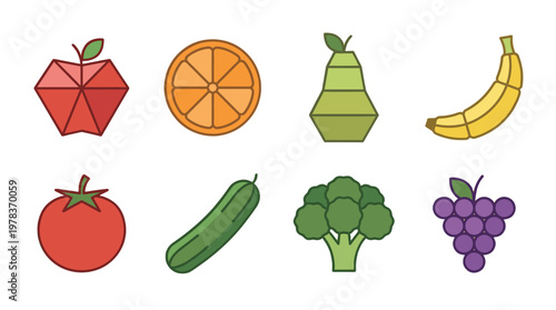 Different types of fruits and vegetables arranged in a grid showing their shapes and colors