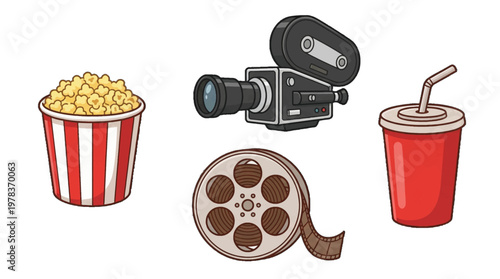 Film night with popcorn, a camera, and a drink on the table