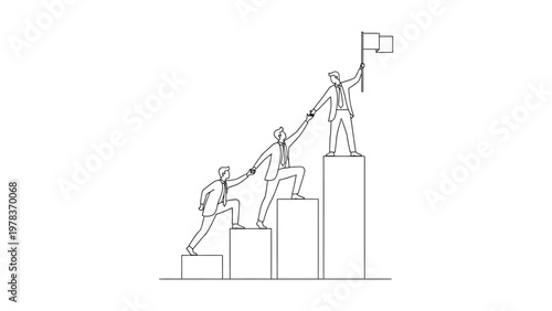 Business teamwork concept with people helping each other to reach the top. Continuous line style. Hand drawn. Line art. Vector design. illustration