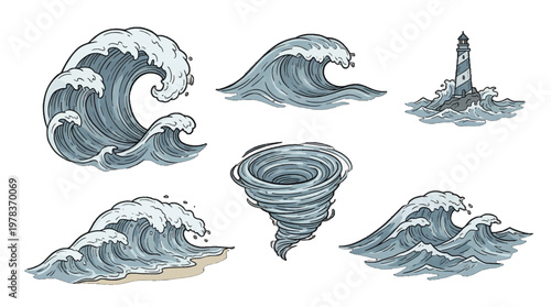 Various waves and a lighthouse with a tornado in the ocean scene at dusk featuring natural elements in motion