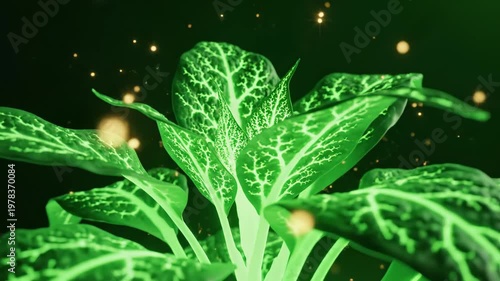 Glowing green plant with sparkles for commercial backgrounds, digital design, and advertising
