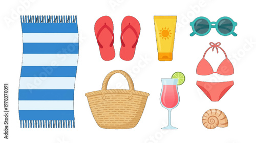 Summer beach items include towel, flip flops, sunscreen, sunglasses, bikini, basket, drink, and seashell on a white background