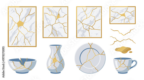 Kintsugi art designs showing repaired ceramic items with gold accents and cracked surfaces from various angles and arrangements