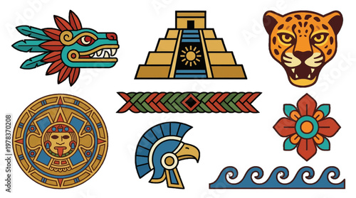 Images of ancient symbols and figures from Mesoamerican culture displayed together in a creative arrangement