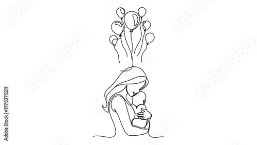 Continuous line drawing of a woman holding a baby with balloons. Continuous line style. Hand drawn. Line art. Vector design. illustration