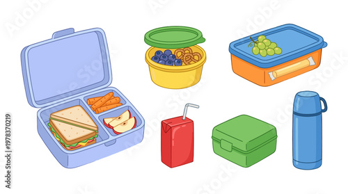 Lunchbox filled with food items for school or picnic on a bright background showing various containers