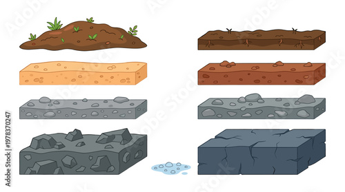 Different types of soil and rock layers used in educational illustrations for teaching geology and earth science concepts