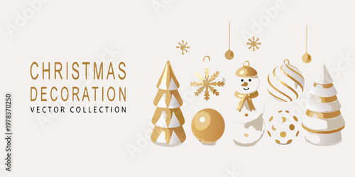 Minimalist gold and white christmas decorations arranged on a cream background