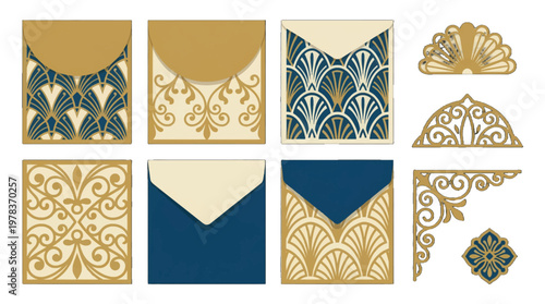 Different types of decorative envelopes and cards with various patterns for invitations or greetings