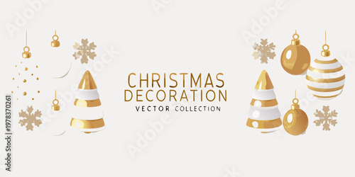 Golden and white christmas ornaments and snowflakes on a beige background
