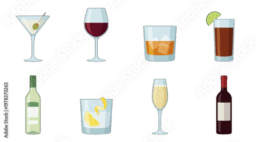 Variety of drinks placed on a table showing cocktails, wine, and spirits during a social gathering at a bar