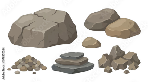Different types of rocks and stones shown in a simple design for educational purposes with no specific location or context provided