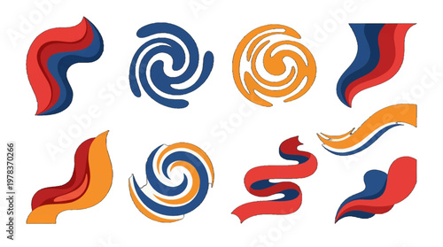 Swirls and curves in bright colors arranged in a pattern of four rows and two columns at a simple background