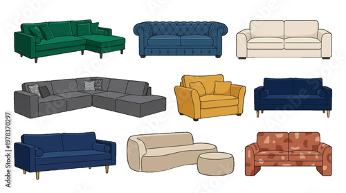 Different styles of couches displayed in various colors and designs to showcase options for living room furniture