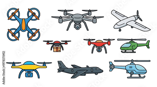 Different types of drones and aircraft shown in a simple design with various styles and functions